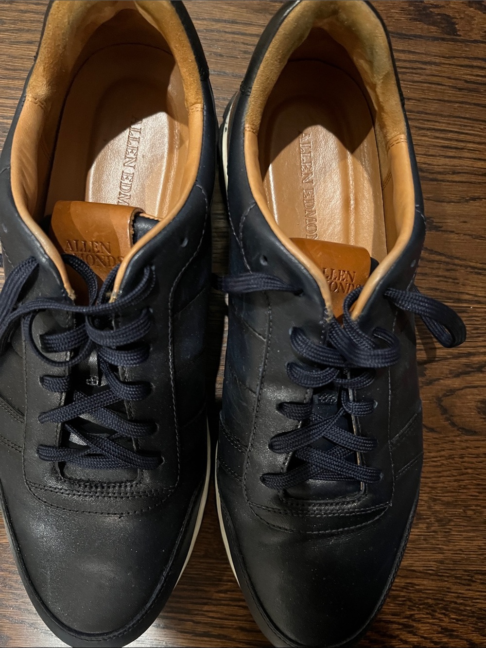 Allen Edmonds Black Leather Low-Top Lace-Up Sneakers with Tan Interior